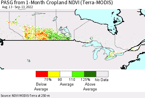 Canada PASG from 1-Month Cropland NDVI (Terra-MODIS) Thematic Map For 9/6/2022 - 9/13/2022