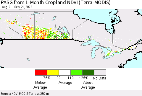 Canada PASG from 1-Month Cropland NDVI (Terra-MODIS) Thematic Map For 9/14/2022 - 9/21/2022