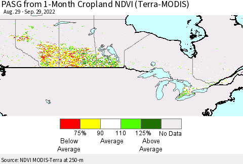 Canada PASG from 1-Month Cropland NDVI (Terra-MODIS) Thematic Map For 9/22/2022 - 9/29/2022
