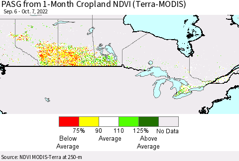 Canada PASG from 1-Month Cropland NDVI (Terra-MODIS) Thematic Map For 9/30/2022 - 10/7/2022