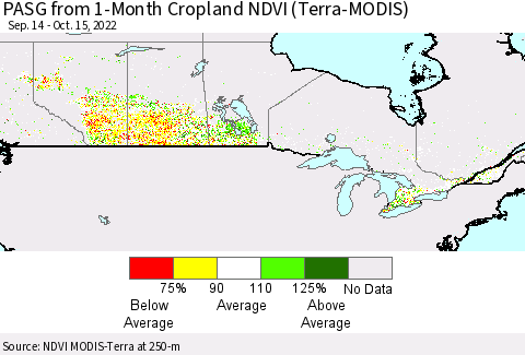Canada PASG from 1-Month Cropland NDVI (Terra-MODIS) Thematic Map For 10/8/2022 - 10/15/2022