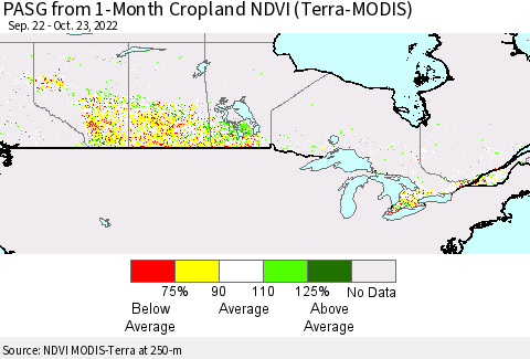 Canada PASG from 1-Month Cropland NDVI (Terra-MODIS) Thematic Map For 10/16/2022 - 10/23/2022