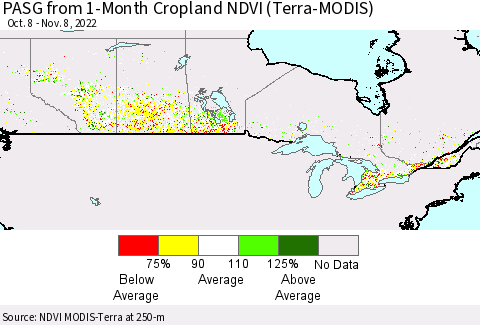 Canada PASG from 1-Month Cropland NDVI (Terra-MODIS) Thematic Map For 11/1/2022 - 11/8/2022