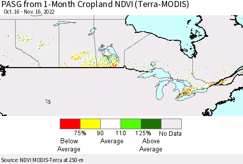 Canada PASG from 1-Month Cropland NDVI (Terra-MODIS) Thematic Map For 11/9/2022 - 11/16/2022