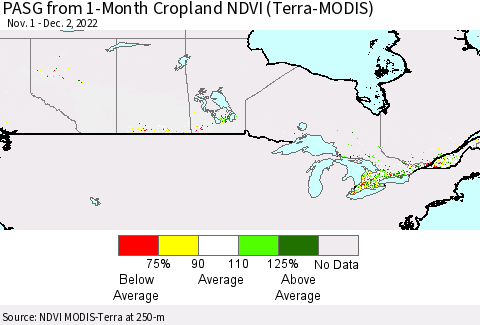 Canada PASG from 1-Month Cropland NDVI (Terra-MODIS) Thematic Map For 11/25/2022 - 12/2/2022