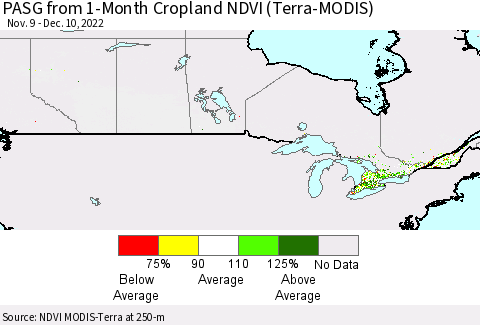 Canada PASG from 1-Month Cropland NDVI (Terra-MODIS) Thematic Map For 12/3/2022 - 12/10/2022
