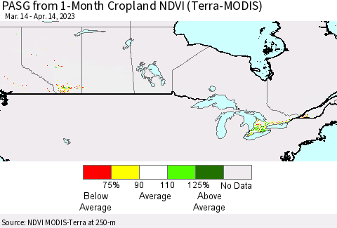 Canada PASG from 1-Month Cropland NDVI (Terra-MODIS) Thematic Map For 4/7/2023 - 4/14/2023