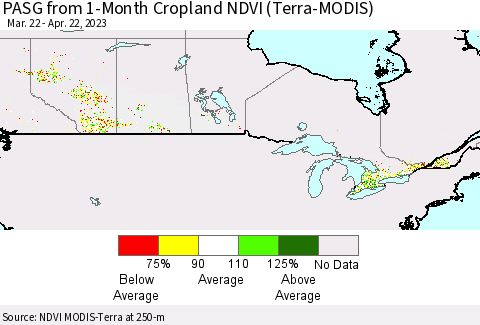 Canada PASG from 1-Month Cropland NDVI (Terra-MODIS) Thematic Map For 4/15/2023 - 4/22/2023