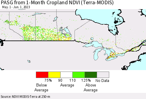 Canada PASG from 1-Month Cropland NDVI (Terra-MODIS) Thematic Map For 5/25/2023 - 6/1/2023
