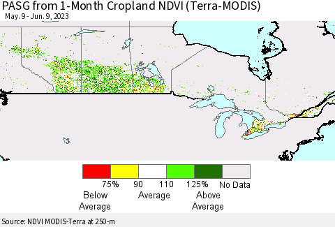 Canada PASG from 1-Month Cropland NDVI (Terra-MODIS) Thematic Map For 6/2/2023 - 6/9/2023