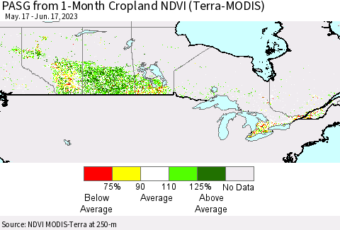 Canada PASG from 1-Month Cropland NDVI (Terra-MODIS) Thematic Map For 6/10/2023 - 6/17/2023