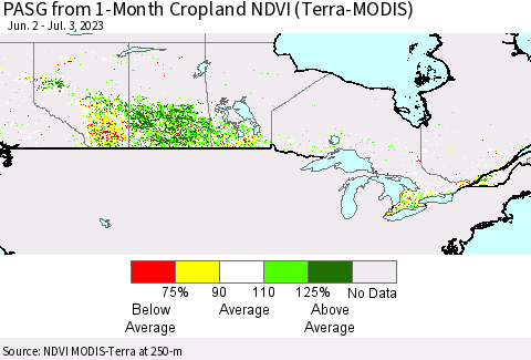 Canada PASG from 1-Month Cropland NDVI (Terra-MODIS) Thematic Map For 6/26/2023 - 7/3/2023