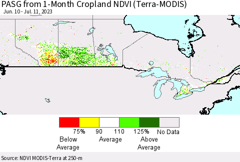 Canada PASG from 1-Month Cropland NDVI (Terra-MODIS) Thematic Map For 7/4/2023 - 7/11/2023