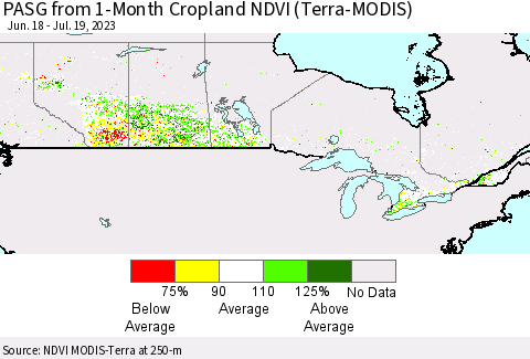 Canada PASG from 1-Month Cropland NDVI (Terra-MODIS) Thematic Map For 7/12/2023 - 7/19/2023