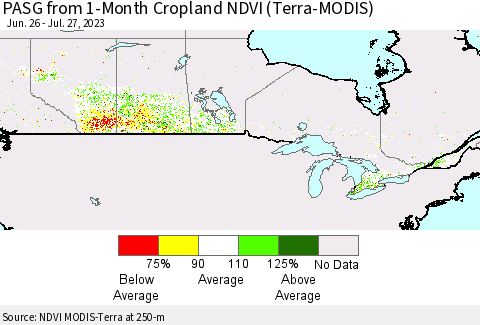 Canada PASG from 1-Month Cropland NDVI (Terra-MODIS) Thematic Map For 7/20/2023 - 7/27/2023