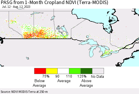 Canada PASG from 1-Month Cropland NDVI (Terra-MODIS) Thematic Map For 8/5/2023 - 8/12/2023