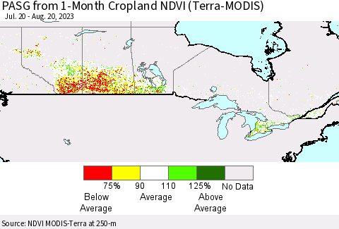 Canada PASG from 1-Month Cropland NDVI (Terra-MODIS) Thematic Map For 8/13/2023 - 8/20/2023