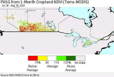 Canada PASG from 1-Month Cropland NDVI (Terra-MODIS) Thematic Map For 8/21/2023 - 8/28/2023
