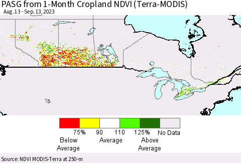 Canada PASG from 1-Month Cropland NDVI (Terra-MODIS) Thematic Map For 9/6/2023 - 9/13/2023