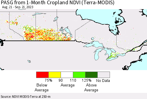 Canada PASG from 1-Month Cropland NDVI (Terra-MODIS) Thematic Map For 9/14/2023 - 9/21/2023