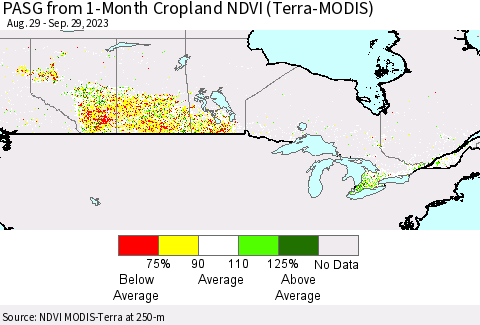 Canada PASG from 1-Month Cropland NDVI (Terra-MODIS) Thematic Map For 9/22/2023 - 9/29/2023