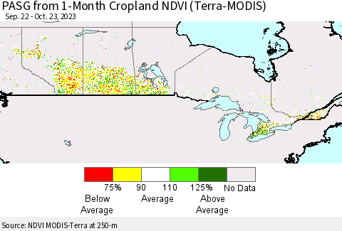 Canada PASG from 1-Month Cropland NDVI (Terra-MODIS) Thematic Map For 10/16/2023 - 10/23/2023