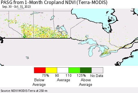 Canada PASG from 1-Month Cropland NDVI (Terra-MODIS) Thematic Map For 10/24/2023 - 10/31/2023