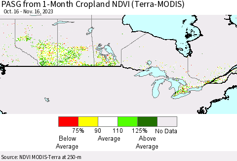 Canada PASG from 1-Month Cropland NDVI (Terra-MODIS) Thematic Map For 11/9/2023 - 11/16/2023