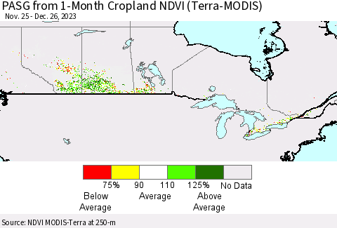 Canada PASG from 1-Month Cropland NDVI (Terra-MODIS) Thematic Map For 12/19/2023 - 12/26/2023