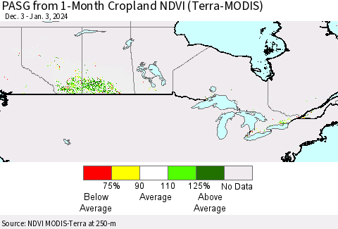 Canada PASG from 1-Month Cropland NDVI (Terra-MODIS) Thematic Map For 12/27/2023 - 1/3/2024