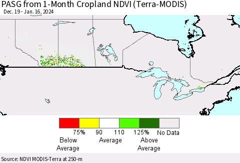 Canada PASG from 1-Month Cropland NDVI (Terra-MODIS) Thematic Map For 1/9/2024 - 1/16/2024
