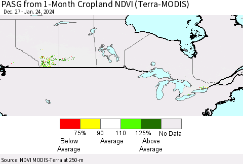 Canada PASG from 1-Month Cropland NDVI (Terra-MODIS) Thematic Map For 1/17/2024 - 1/24/2024