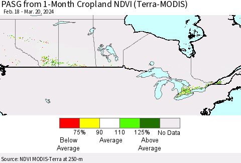 Canada PASG from 1-Month Cropland NDVI (Terra-MODIS) Thematic Map For 3/13/2024 - 3/20/2024