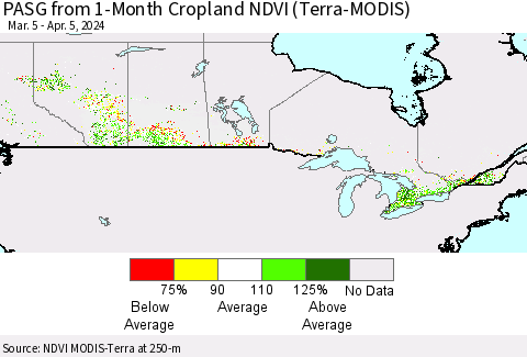 Canada PASG from 1-Month Cropland NDVI (Terra-MODIS) Thematic Map For 3/29/2024 - 4/5/2024