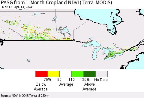 Canada PASG from 1-Month Cropland NDVI (Terra-MODIS) Thematic Map For 4/6/2024 - 4/13/2024