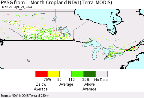 Canada PASG from 1-Month Cropland NDVI (Terra-MODIS) Thematic Map For 4/22/2024 - 4/29/2024