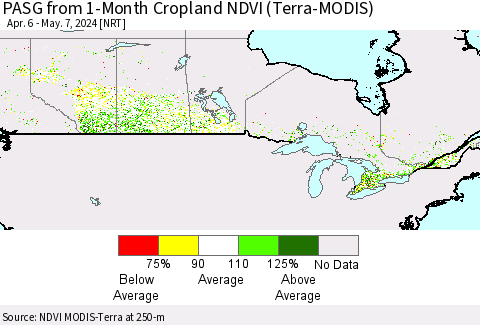 Canada PASG from 1-Month Cropland NDVI (Terra-MODIS) Thematic Map For 4/30/2024 - 5/7/2024
