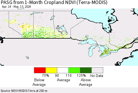 Canada PASG from 1-Month Cropland NDVI (Terra-MODIS) Thematic Map For 5/8/2024 - 5/15/2024
