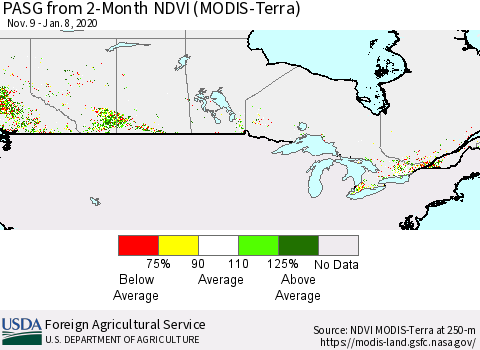 Canada PASG from 2-Month NDVI (Terra-MODIS) Thematic Map For 1/1/2020 - 1/10/2020
