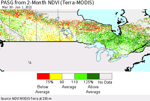 Canada PASG from 2-Month NDVI (Terra-MODIS) Thematic Map For 5/25/2021 - 6/1/2021