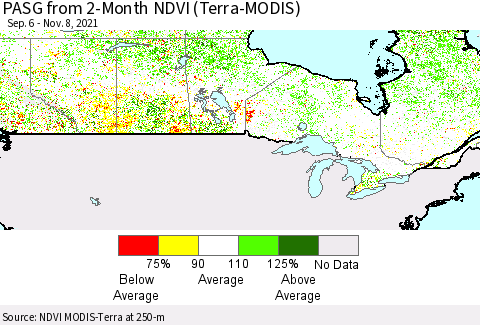Canada PASG from 2-Month NDVI (Terra-MODIS) Thematic Map For 11/1/2021 - 11/8/2021