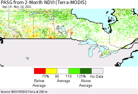 Canada PASG from 2-Month NDVI (Terra-MODIS) Thematic Map For 11/9/2021 - 11/16/2021