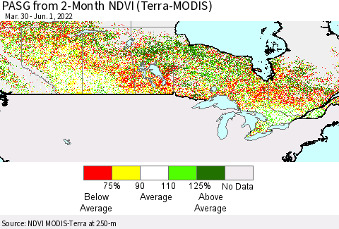 Canada PASG from 2-Month NDVI (Terra-MODIS) Thematic Map For 5/25/2022 - 6/1/2022