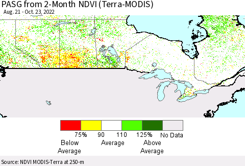 Canada PASG from 2-Month NDVI (Terra-MODIS) Thematic Map For 10/16/2022 - 10/23/2022