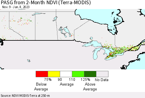Canada PASG from 2-Month NDVI (Terra-MODIS) Thematic Map For 1/1/2023 - 1/8/2023