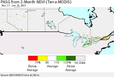 Canada PASG from 2-Month NDVI (Terra-MODIS) Thematic Map For 1/9/2023 - 1/16/2023