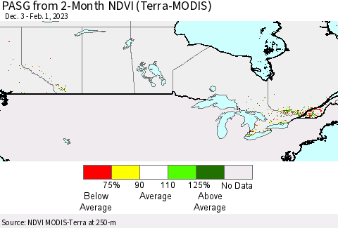 Canada PASG from 2-Month NDVI (Terra-MODIS) Thematic Map For 1/25/2023 - 2/1/2023
