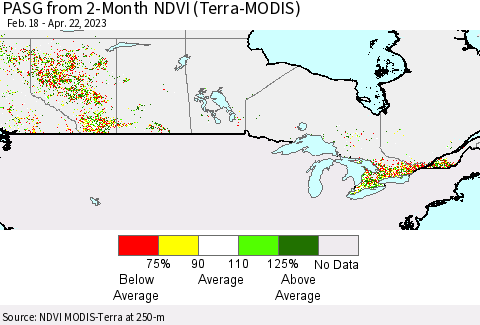 Canada PASG from 2-Month NDVI (Terra-MODIS) Thematic Map For 4/15/2023 - 4/22/2023