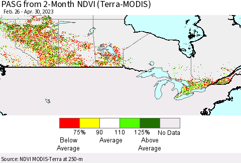 Canada PASG from 2-Month NDVI (Terra-MODIS) Thematic Map For 4/23/2023 - 4/30/2023