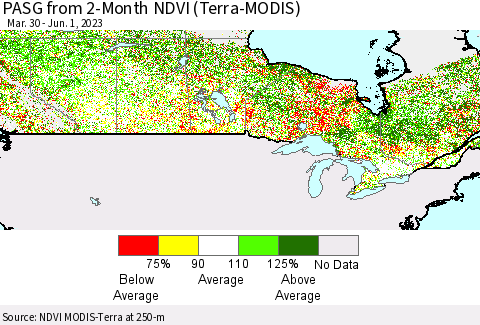 Canada PASG from 2-Month NDVI (Terra-MODIS) Thematic Map For 5/25/2023 - 6/1/2023